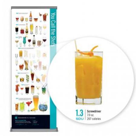 Show your audience how many standard drink units (SDUs) are in popular alcoholic beverages with this alcohol abuse prevention retractable floor banner.